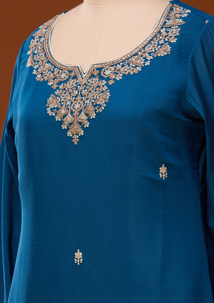 Peacock Blue Cording Chanderi Readymade Salwar Suit