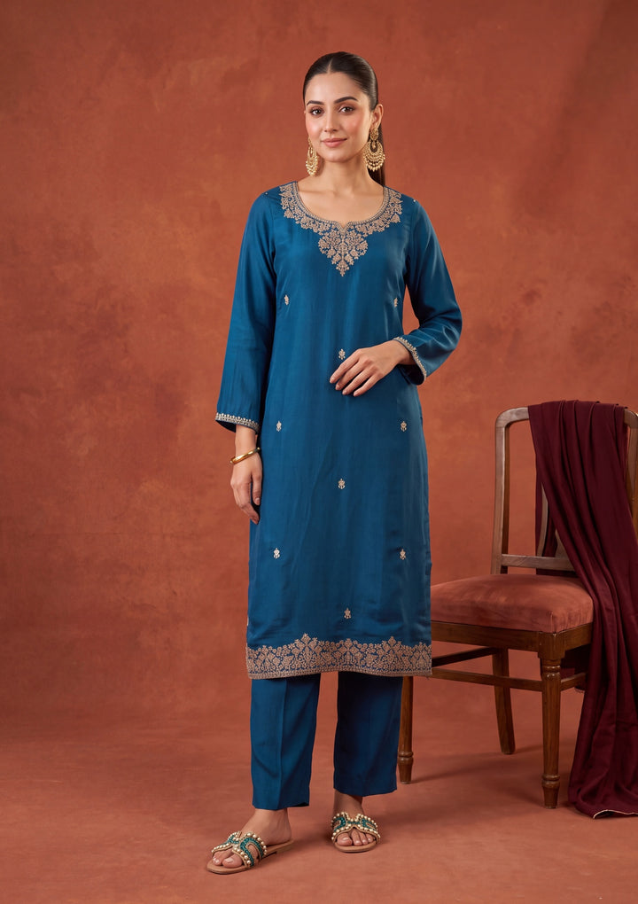Peacock Blue Cording Chanderi Readymade Salwar Suit