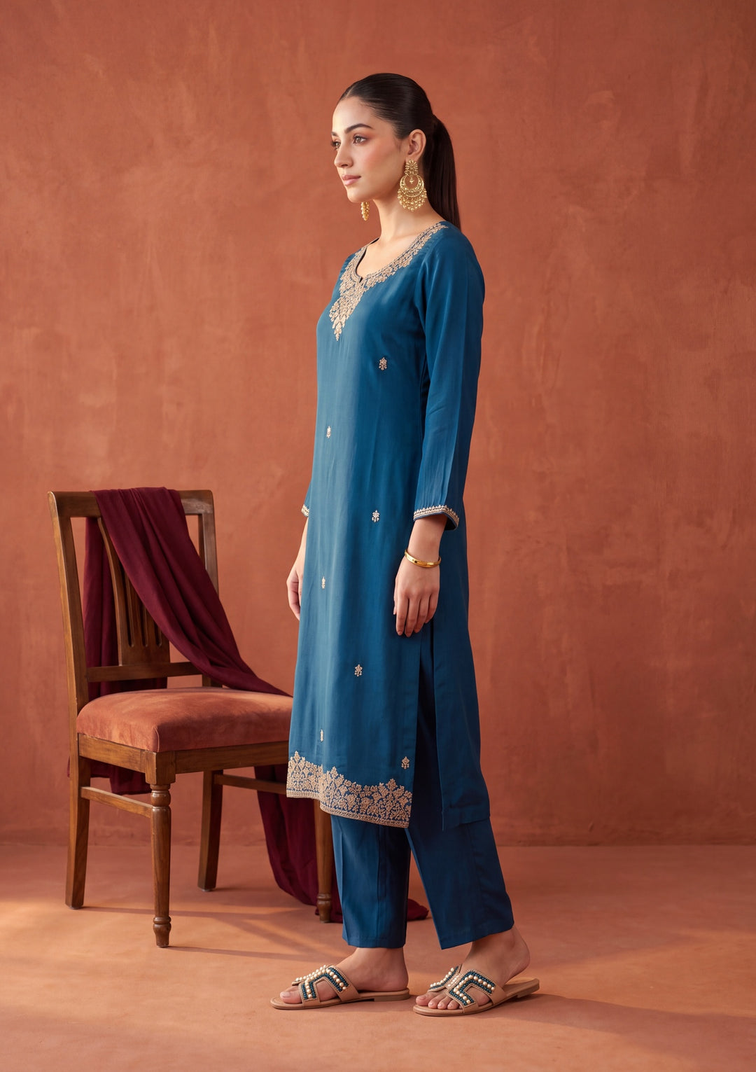 Peacock Blue Cording Chanderi Readymade Salwar Suit