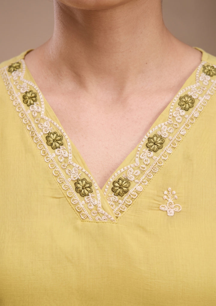 Lemon Yellow Threadwork Chanderi Readymade Salwar Suit