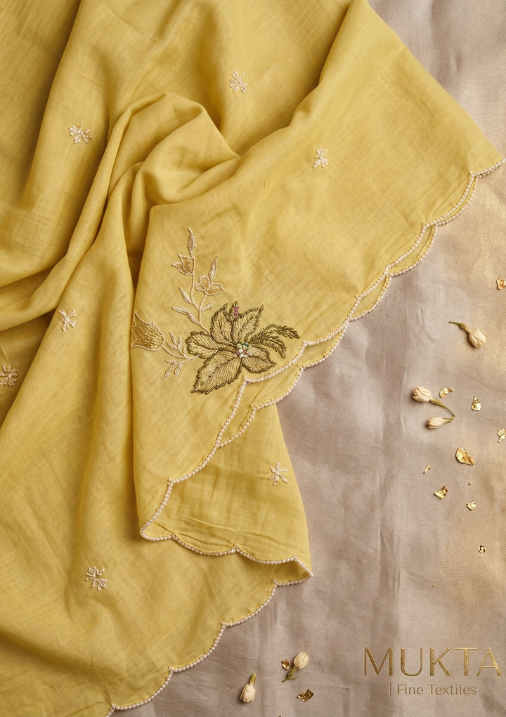 Lemon Yellow Threadwork Chanderi Readymade Salwar Suit
