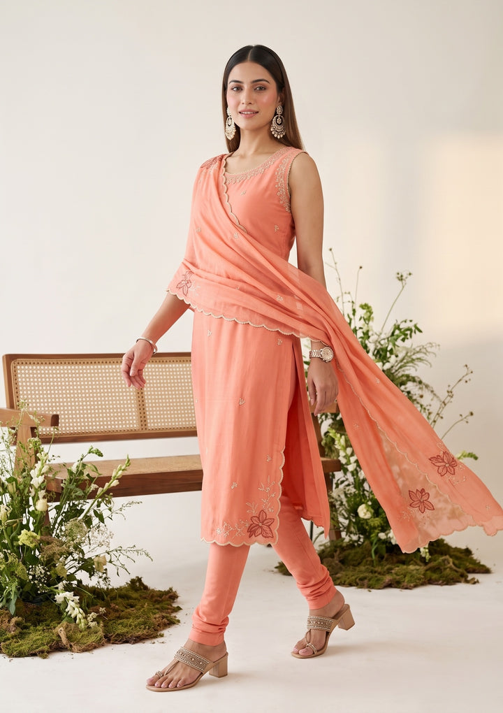 Peach Threadwork Chanderi Readymade Salwar Suit