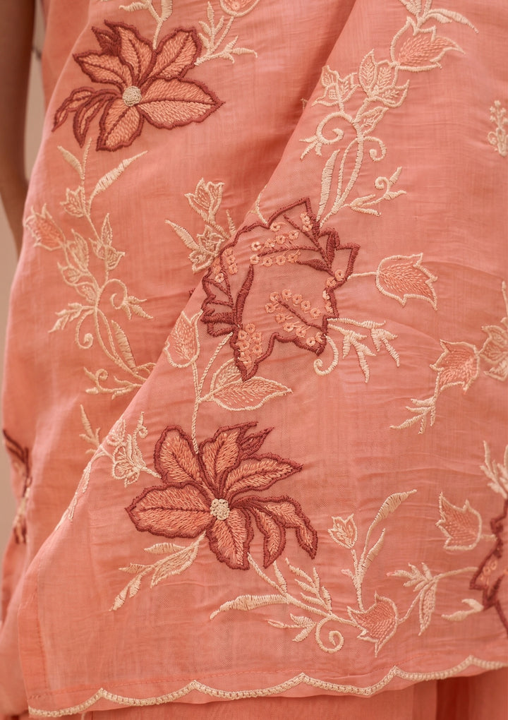 Peach Threadwork Chanderi Readymade Salwar Suit