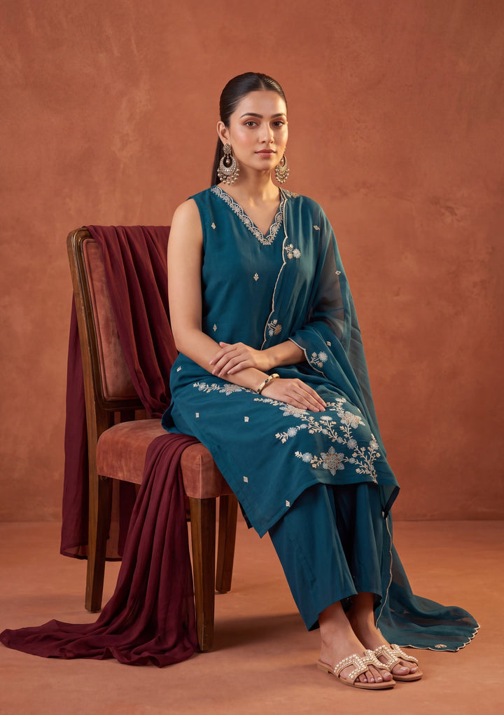 Peacock Blue Threadwork Chanderi Readymade Salwar Suit