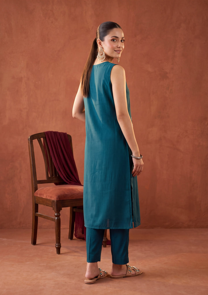 Peacock Blue Threadwork Chanderi Readymade Salwar Suit