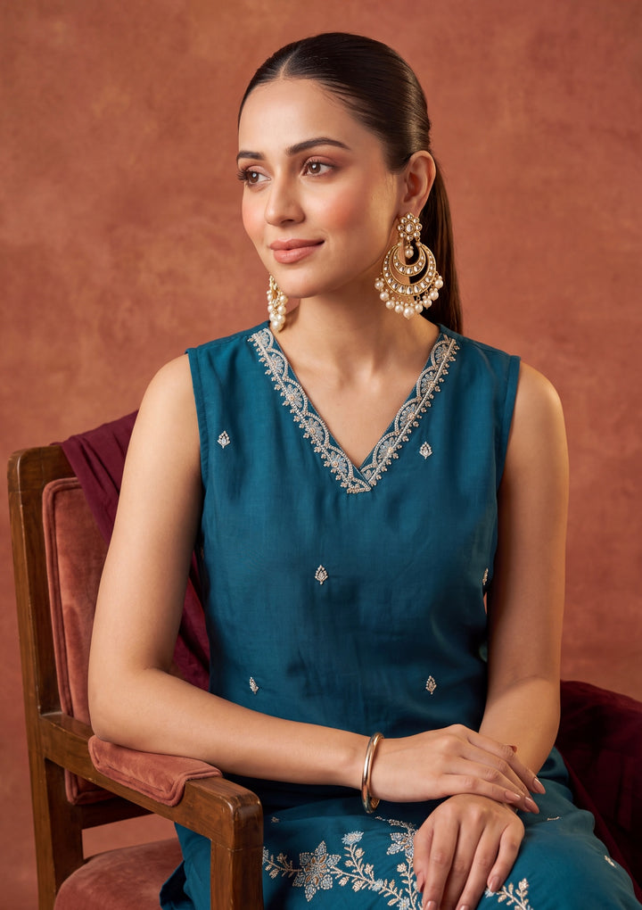 Peacock Blue Threadwork Chanderi Readymade Salwar Suit