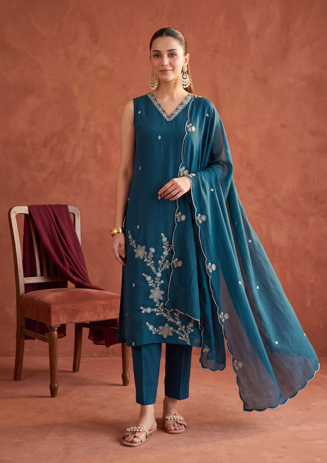 Peacock Blue Threadwork Chanderi Readymade Salwar Suit
