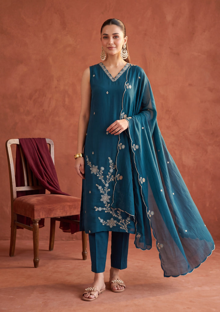 Peacock Blue Threadwork Chanderi Readymade Salwar Suit