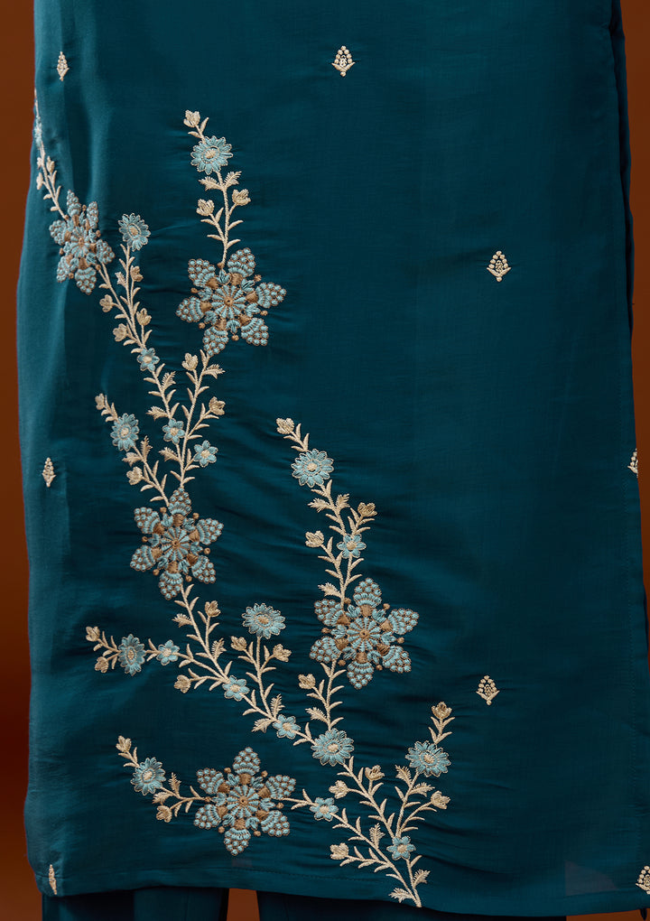 Peacock Blue Threadwork Chanderi Readymade Salwar Suit