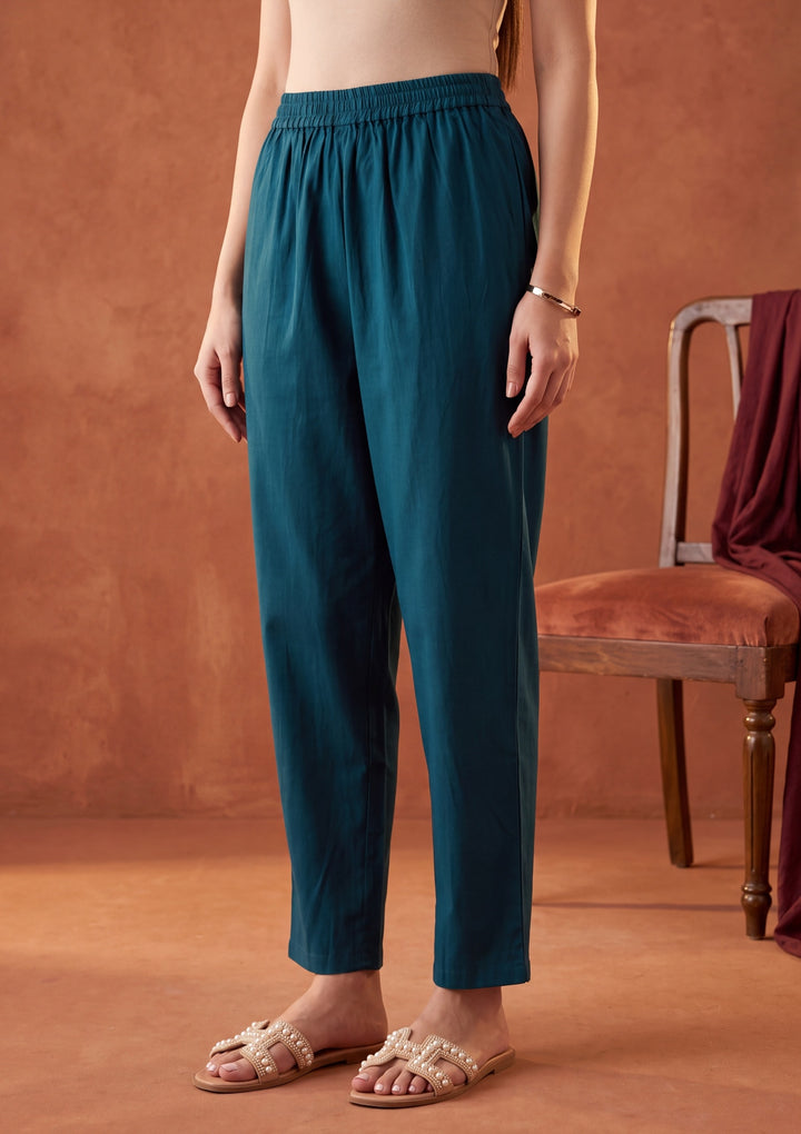 Peacock Blue Threadwork Chanderi Readymade Salwar Suit