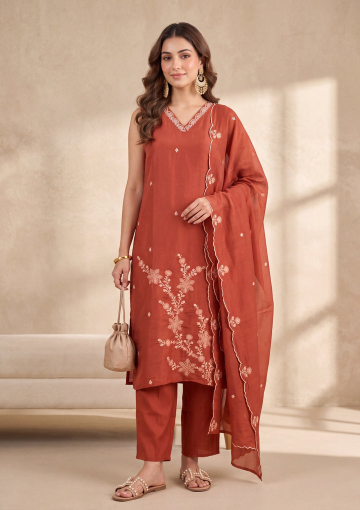 Rust Threadwork Chanderi Readymade Salwar Suit