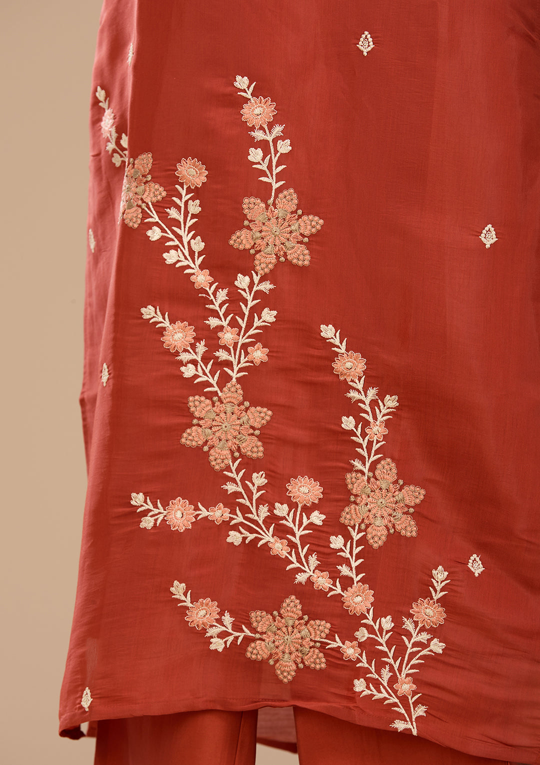 Rust Threadwork Chanderi Readymade Salwar Suit