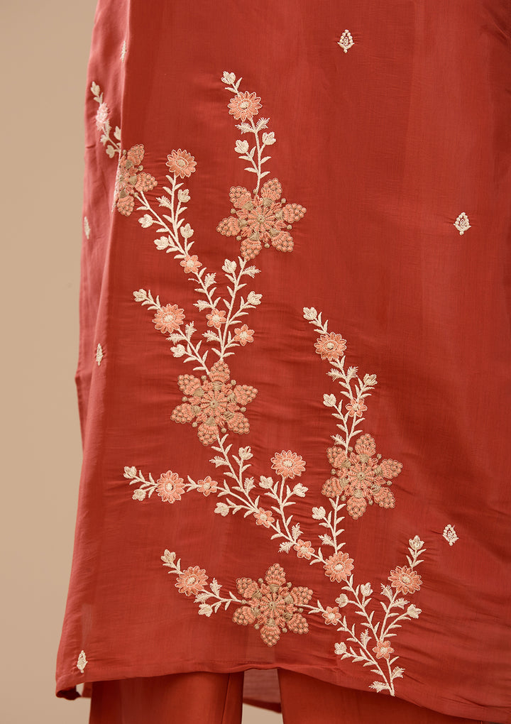 Rust Threadwork Chanderi Readymade Salwar Suit