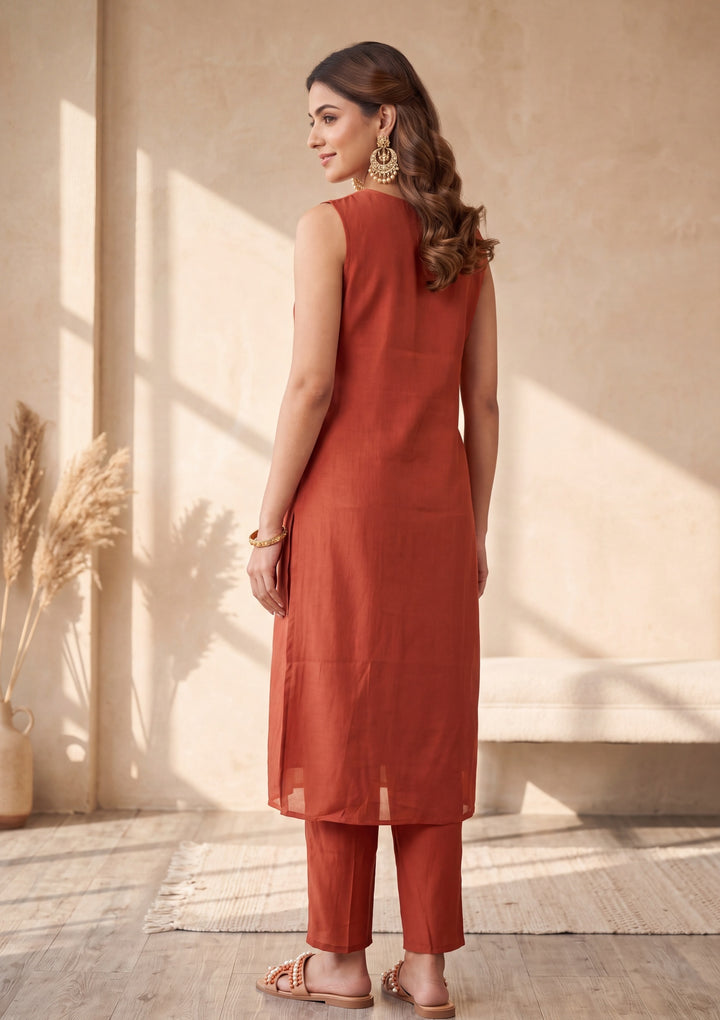 Rust Threadwork Chanderi Readymade Salwar Suit