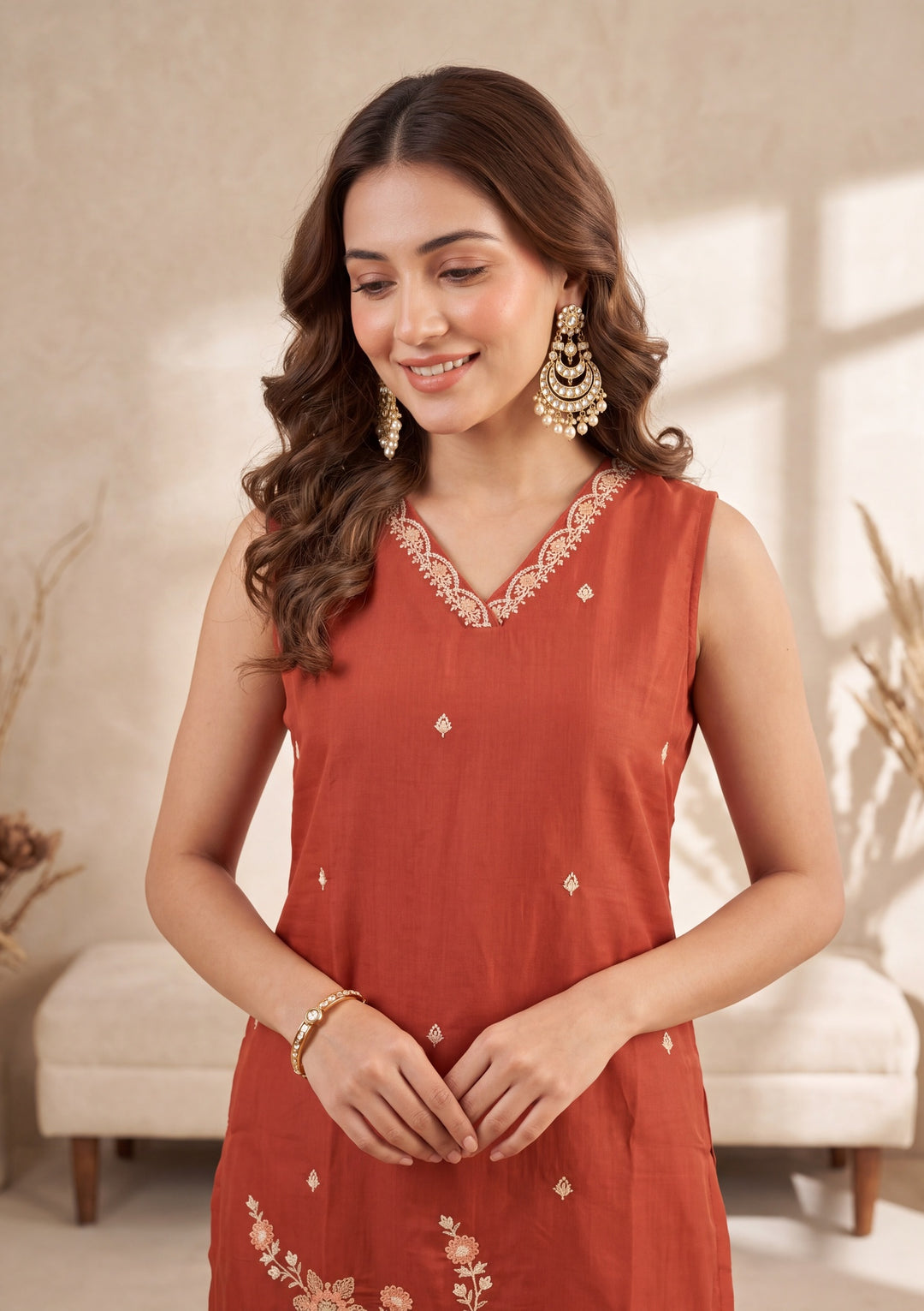 Rust Threadwork Chanderi Readymade Salwar Suit