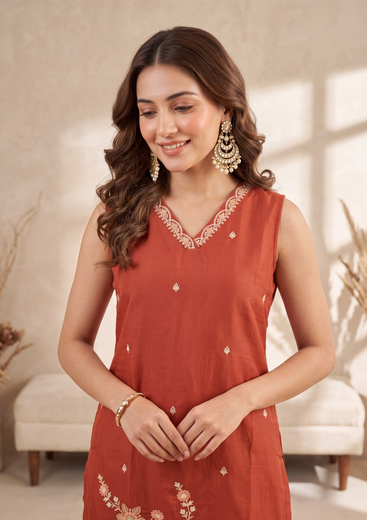 Rust Threadwork Chanderi Readymade Salwar Suit