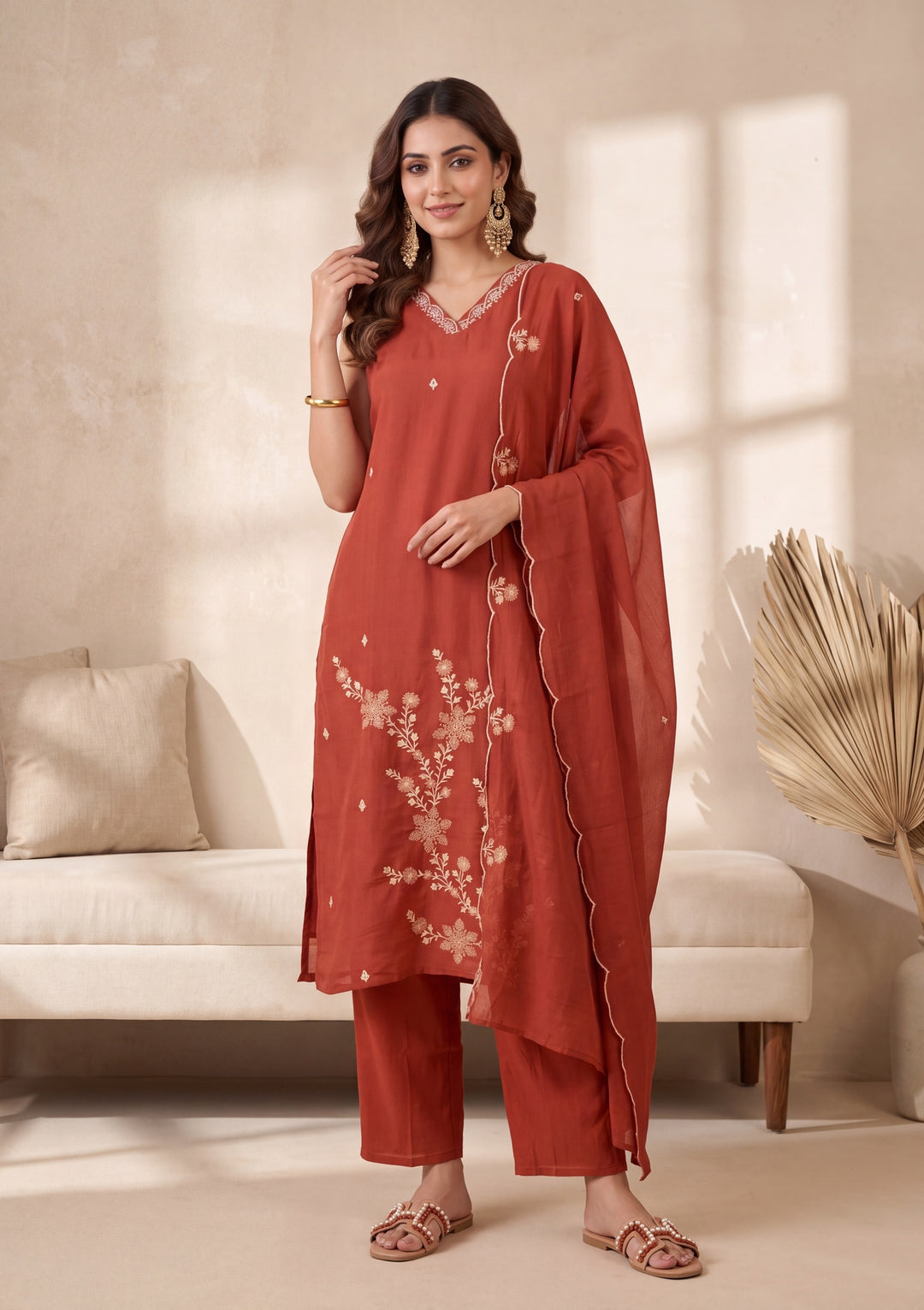 Rust Threadwork Chanderi Readymade Salwar Suit