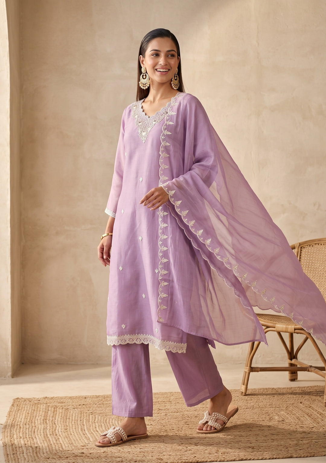Light Lavender Threadwork Chanderi Readymade Salwar Suit