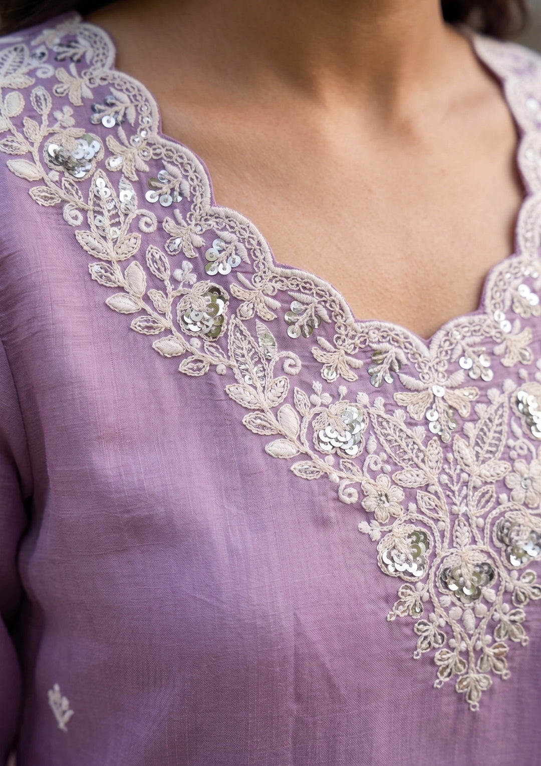 Light Lavender Threadwork Chanderi Readymade Salwar Suit