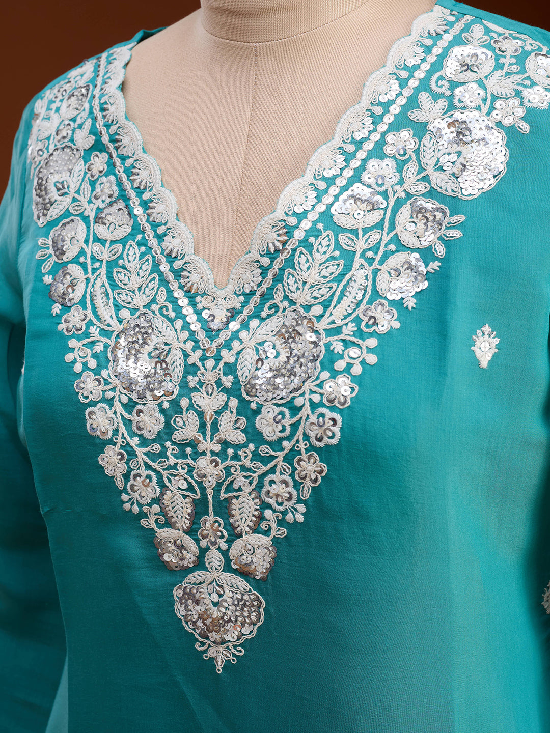 Sky Blue Chanderi Threadwork Straight Kurta With Pant Regular And Dupatta