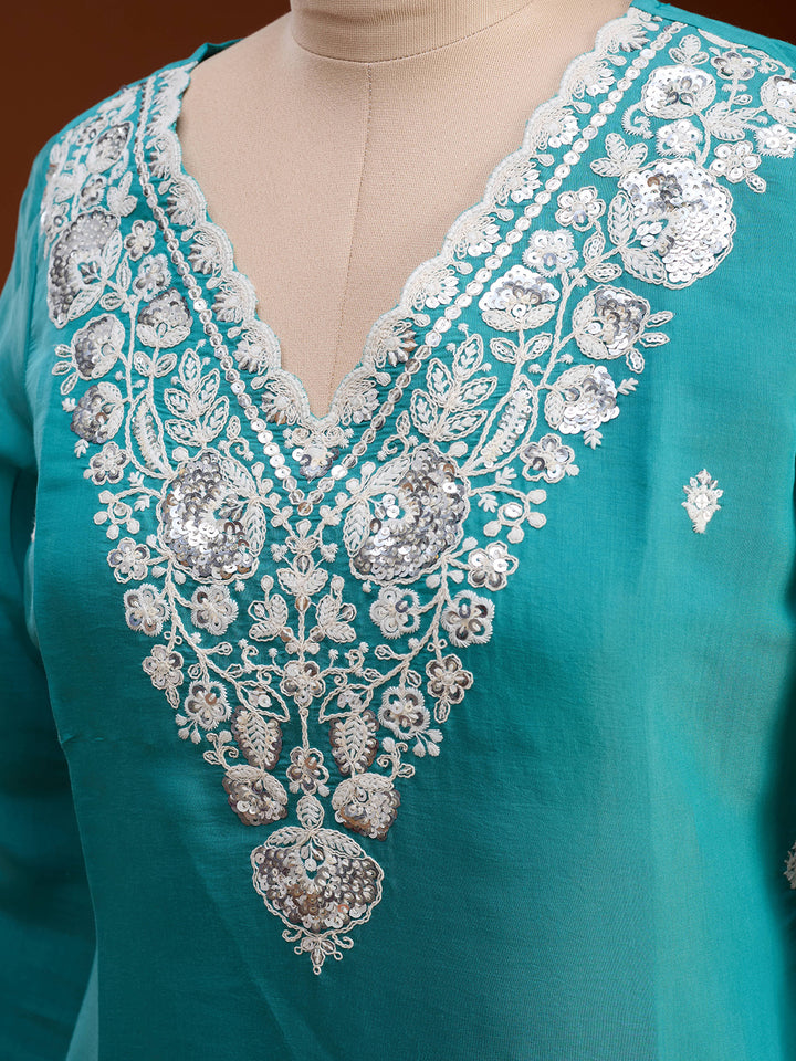 Sky Blue Chanderi Threadwork Straight Kurta With Pant Regular And Dupatta