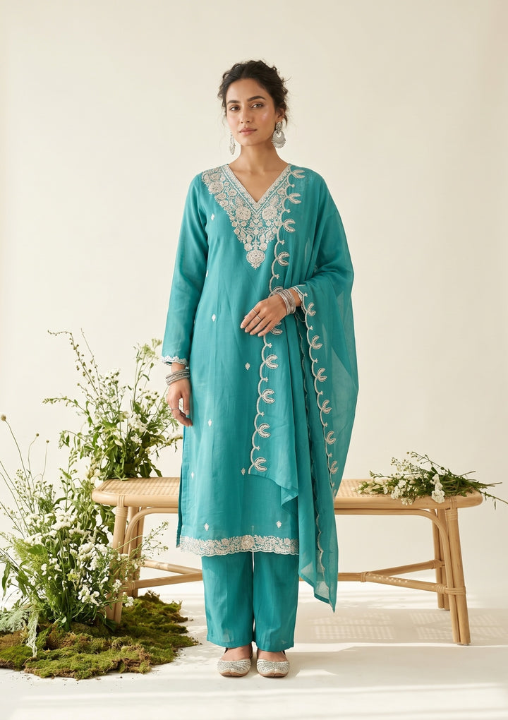 Sky Blue Chanderi Threadwork Straight Kurta With Pant Regular And Dupatta