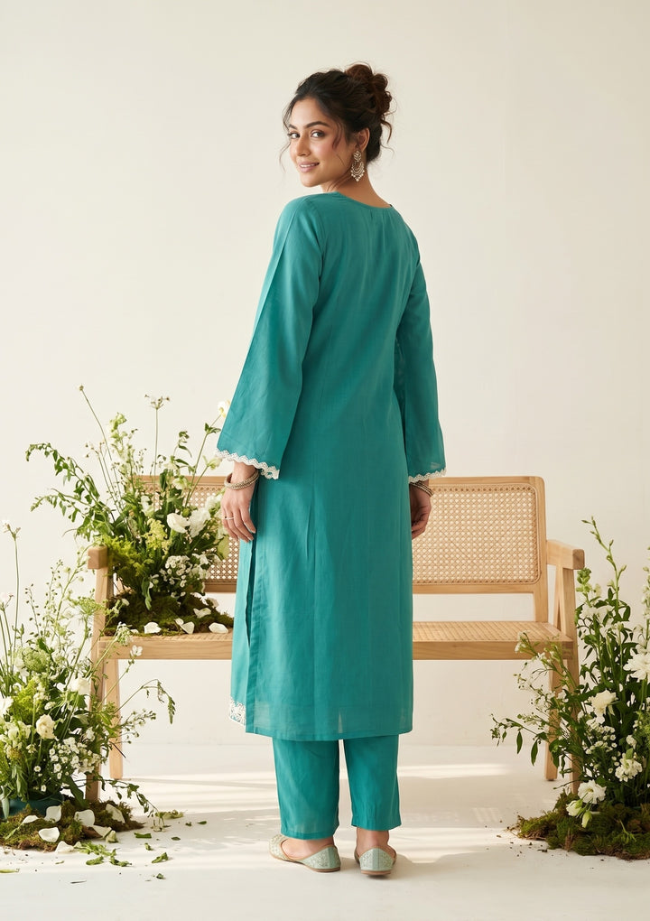 Sky Blue Chanderi Threadwork Straight Kurta With Pant Regular And Dupatta