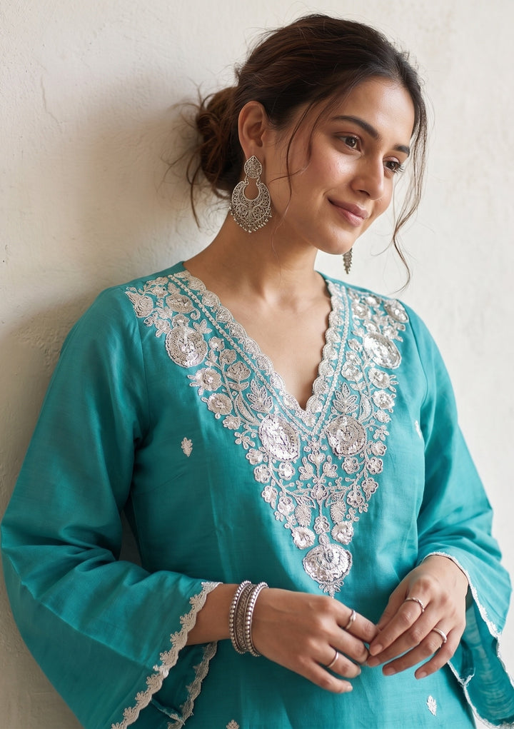 Sky Blue Chanderi Threadwork Straight Kurta With Pant Regular And Dupatta