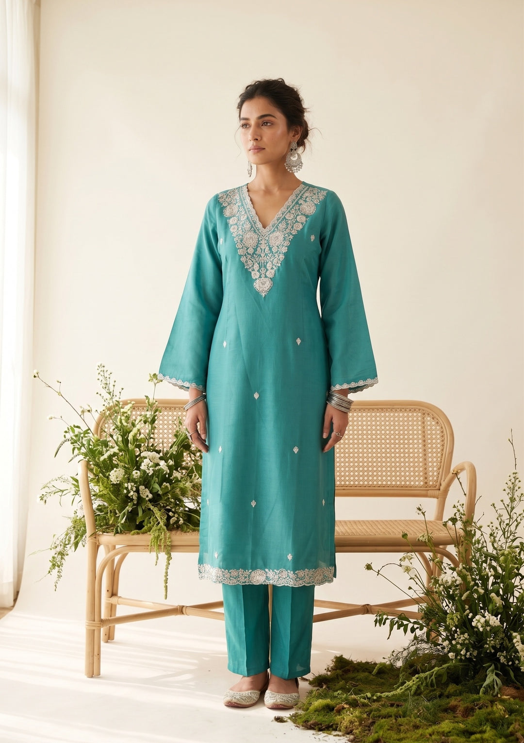 Sky Blue Chanderi Threadwork Straight Kurta With Pant Regular And Dupatta