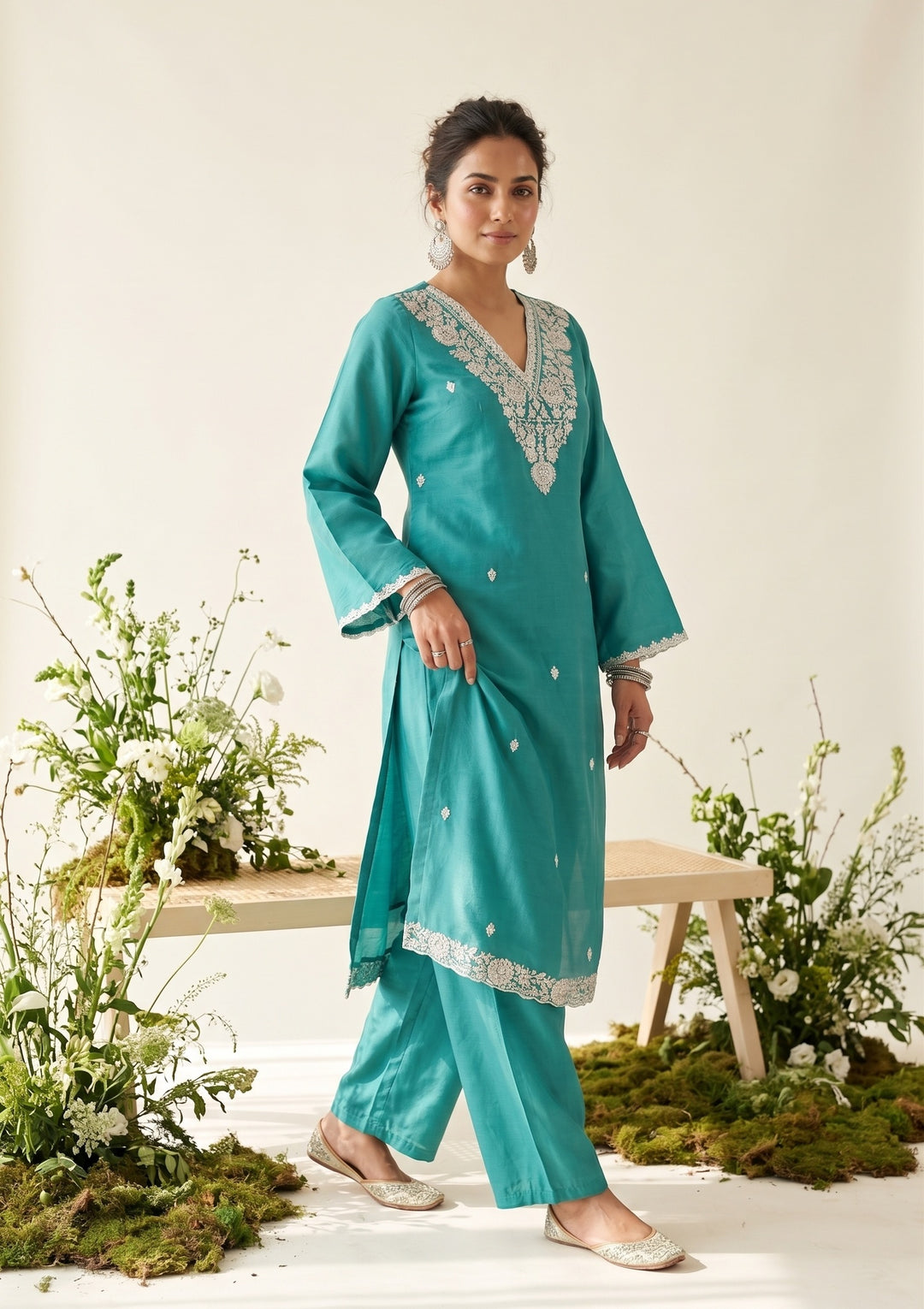 Sky Blue Chanderi Threadwork Straight Kurta With Pant Regular And Dupatta