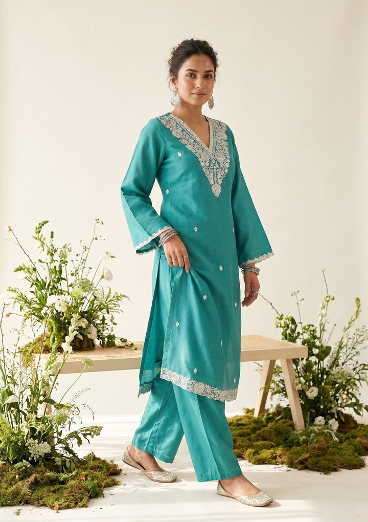 Sky Blue Chanderi Threadwork Straight Kurta With Pant Regular And Dupatta