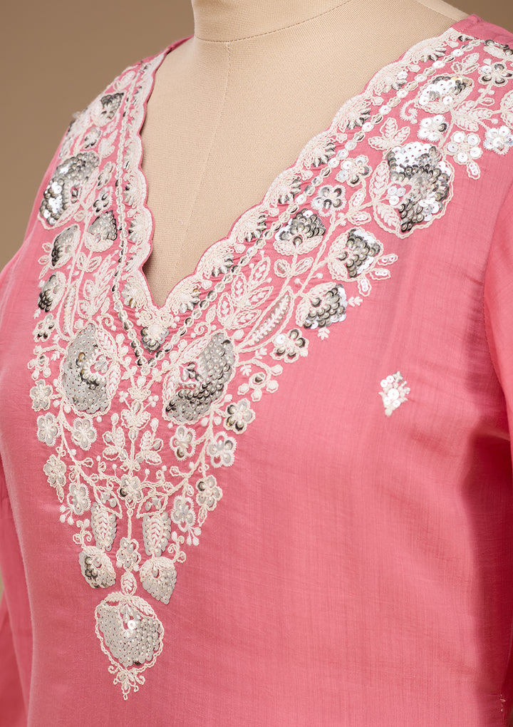 Gajari Pink Threadwork Chanderi Readymade Salwar Suit