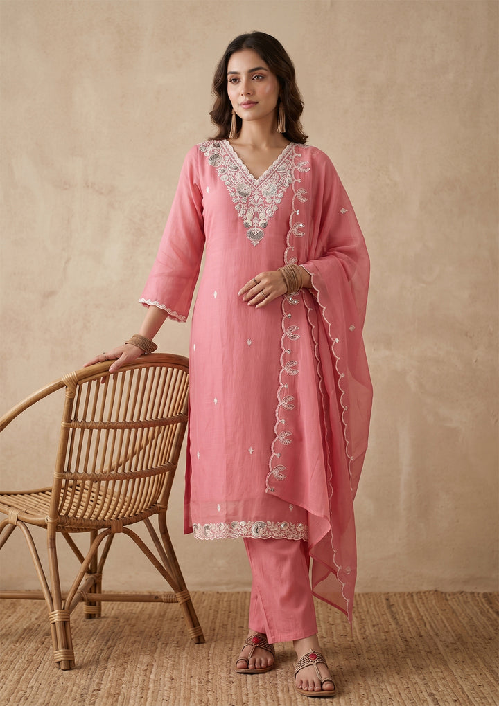 Gajari Pink Threadwork Chanderi Readymade Salwar Suit