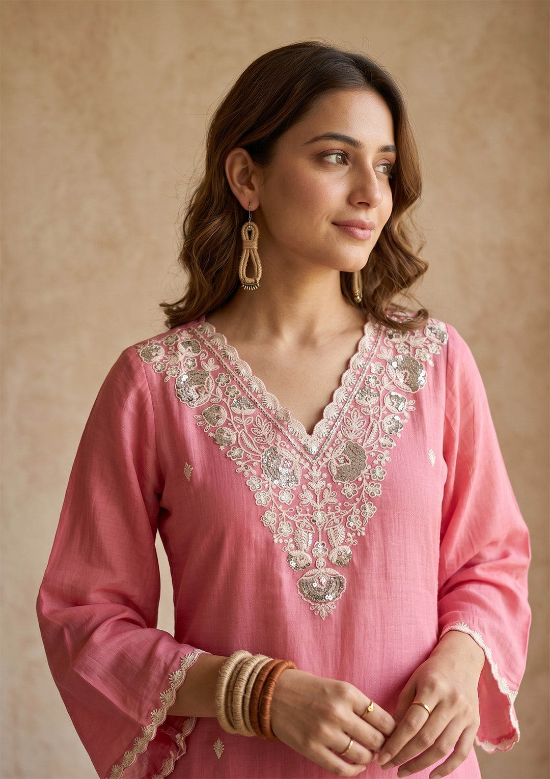 Gajari Pink Threadwork Chanderi Readymade Salwar Suit