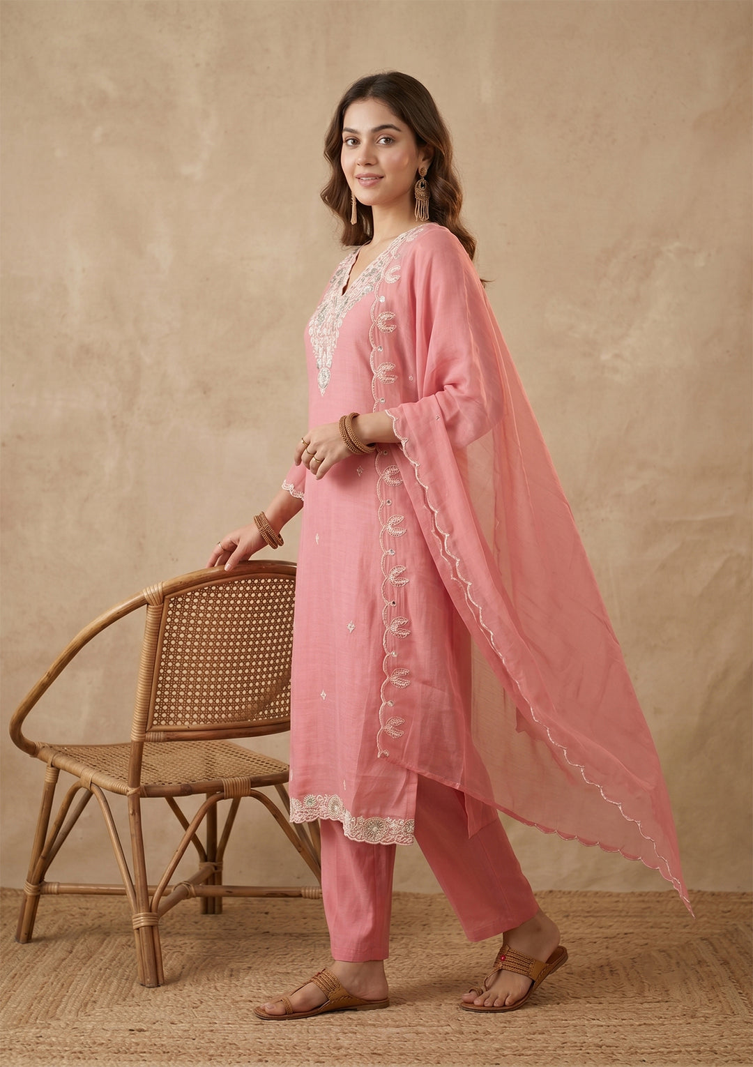 Gajari Pink Threadwork Chanderi Readymade Salwar Suit