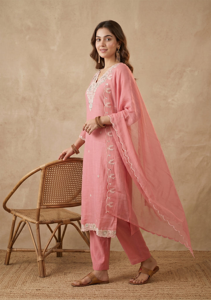 Gajari Pink Threadwork Chanderi Readymade Salwar Suit