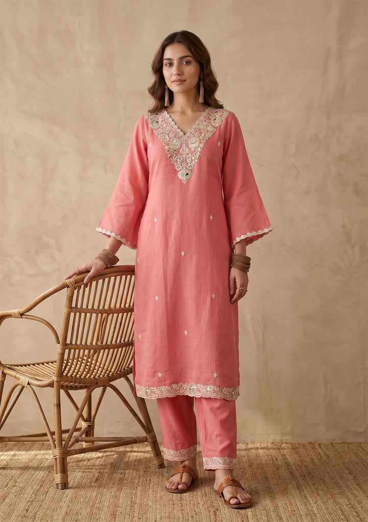 Gajari Pink Threadwork Chanderi Readymade Salwar Suit