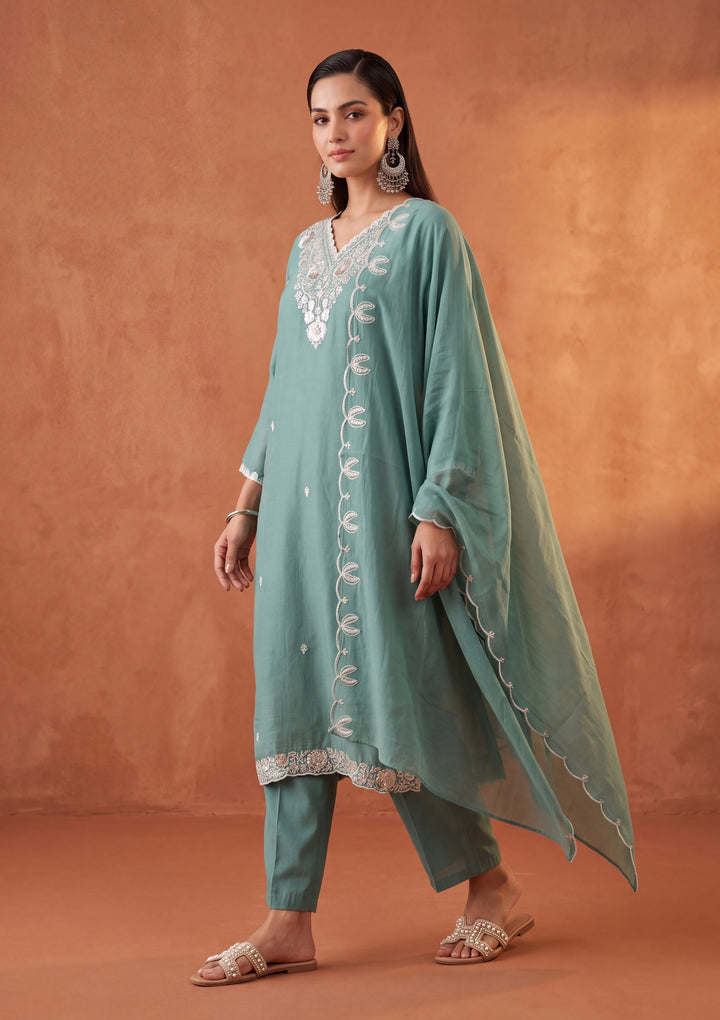 Sea Green Threadwork Chanderi Readymade Salwar Suit