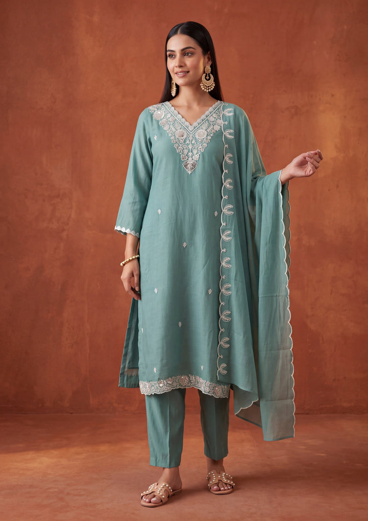 Sea Green Threadwork Chanderi Readymade Salwar Suit