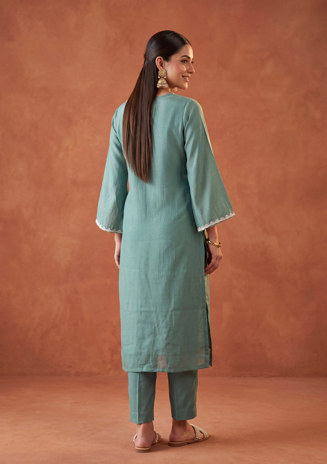 Sea Green Threadwork Chanderi Readymade Salwar Suit