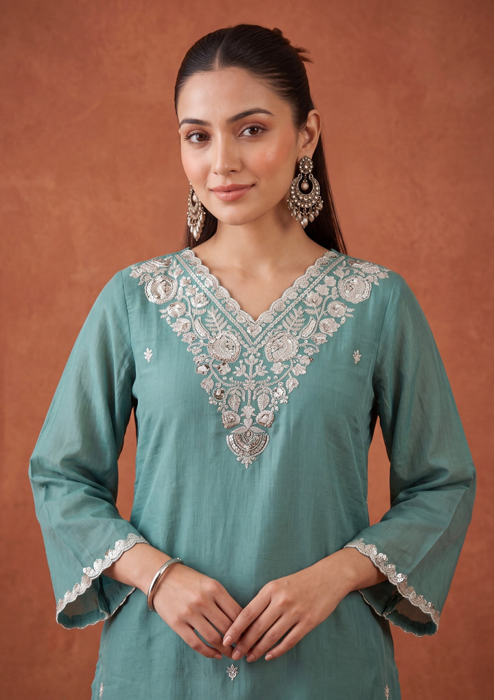 Sea Green Threadwork Chanderi Readymade Salwar Suit