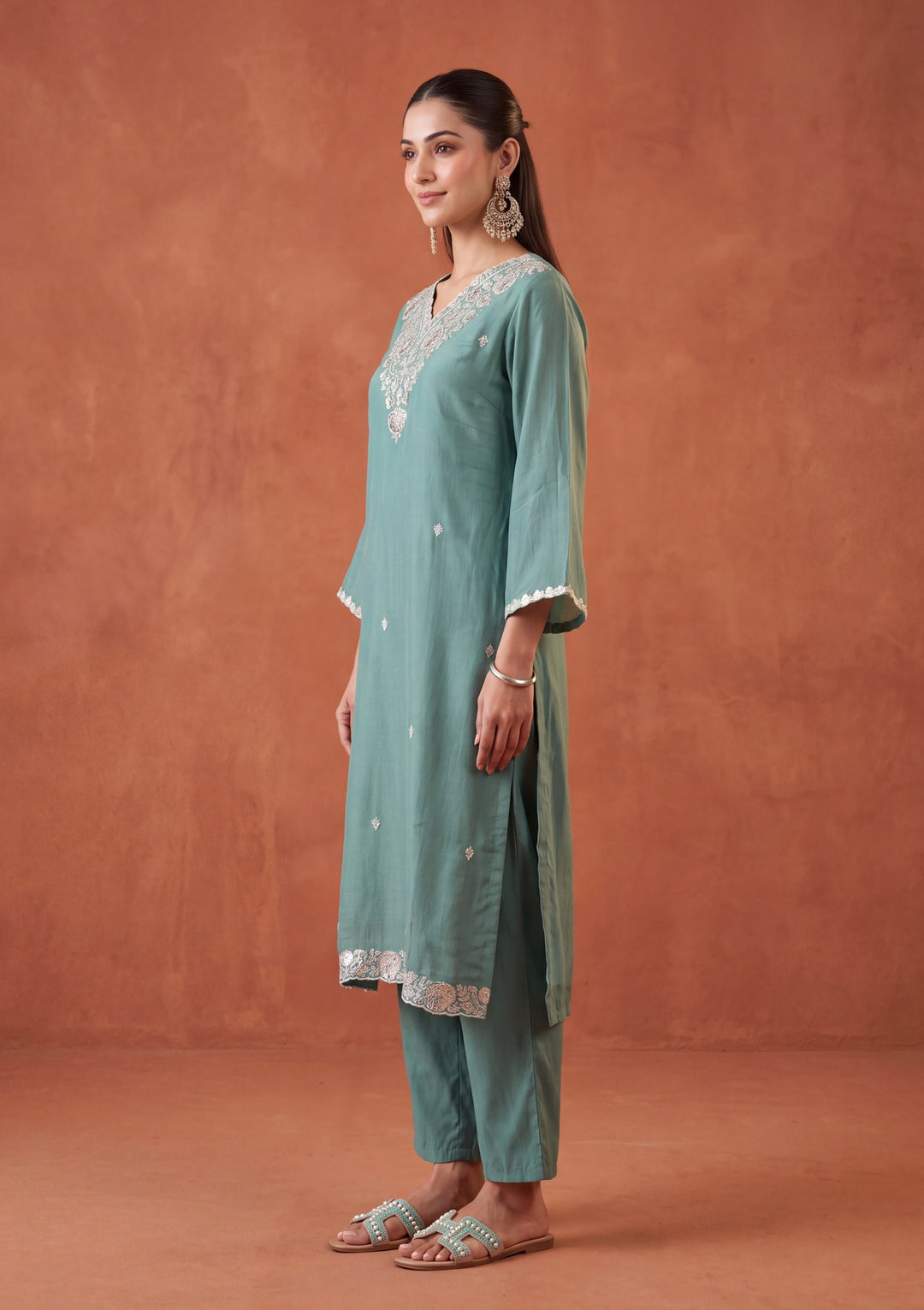 Sea Green Threadwork Chanderi Readymade Salwar Suit