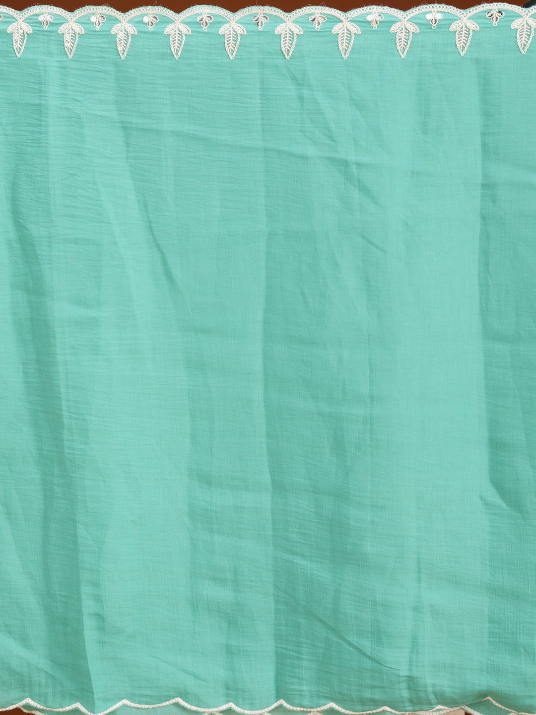 Sea Green Soft Raw Silk Threadwork Straight Kurta With Regular Pant And Dupatta