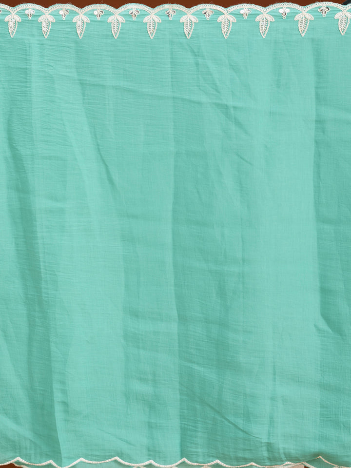 Sea Green Soft Raw Silk Threadwork Straight Kurta With Regular Pant And Dupatta