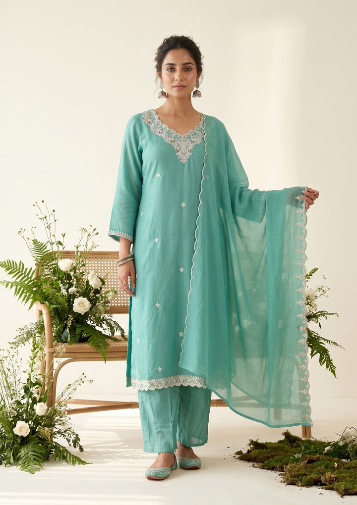 Sea Green Soft Raw Silk Threadwork Straight Kurta With Regular Pant And Dupatta