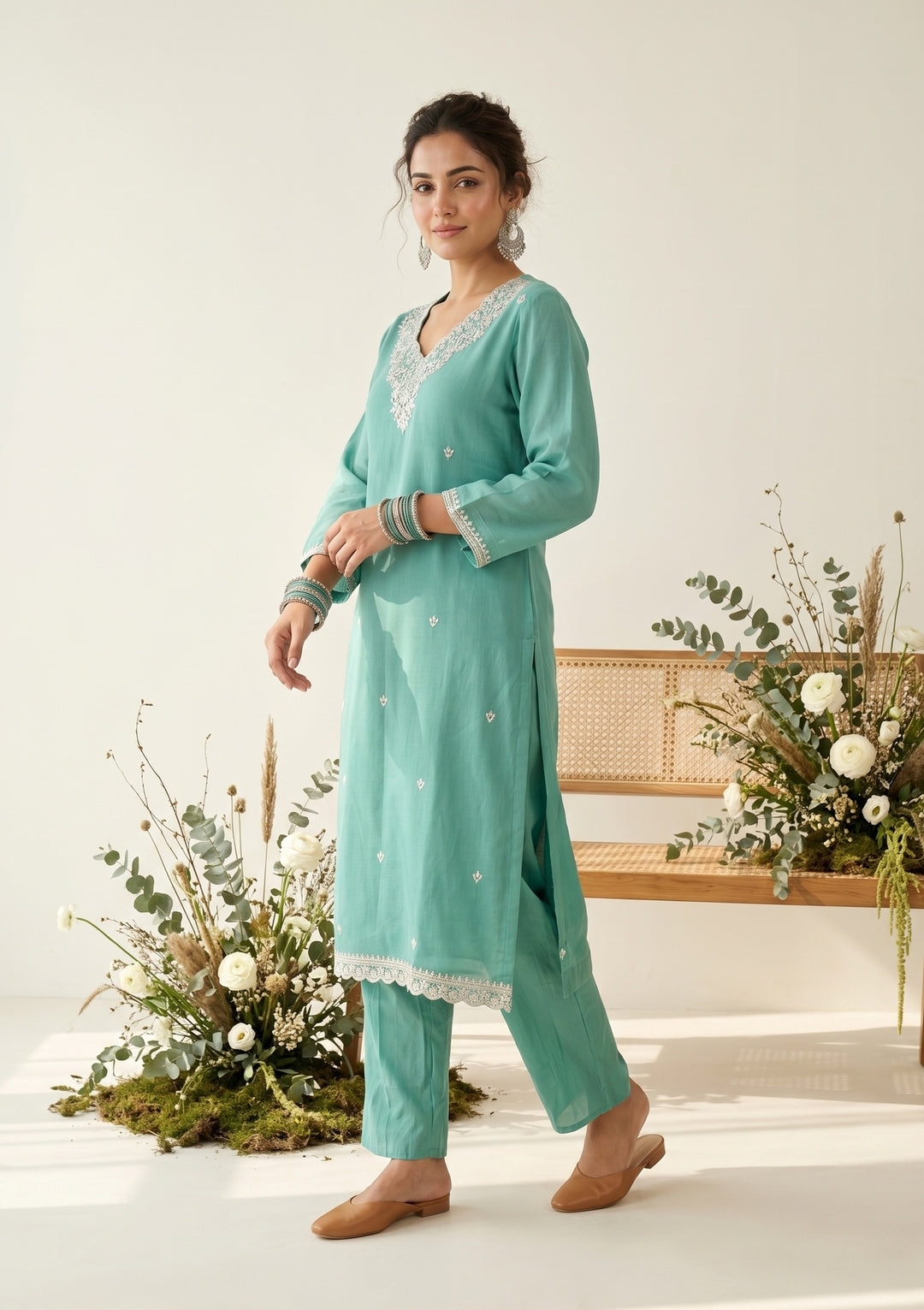 Sea Green Soft Raw Silk Threadwork Straight Kurta With Regular Pant And Dupatta