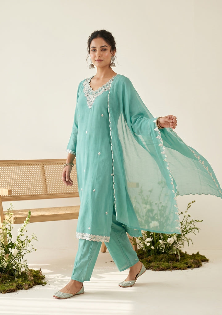 Sea Green Soft Raw Silk Threadwork Straight Kurta With Regular Pant And Dupatta