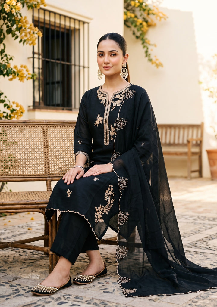 Black Zardozi (Gold) Chanderi Readymade Salwar Suit