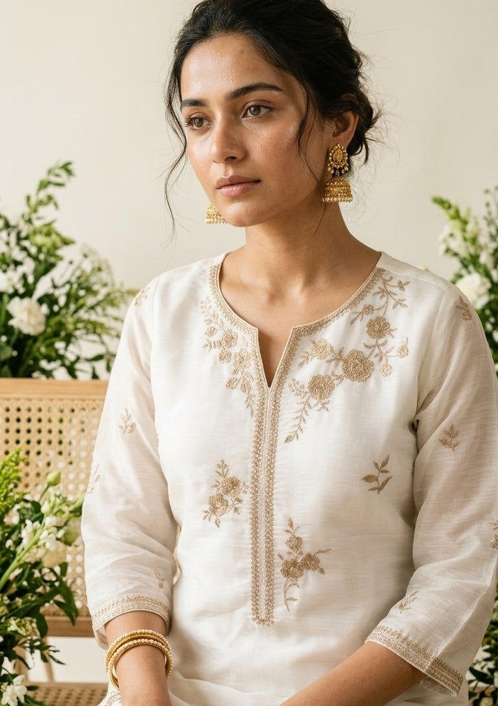 Off White Chanderi Gold Zardozi Straight Kurta With Pant Regular And Dupatta