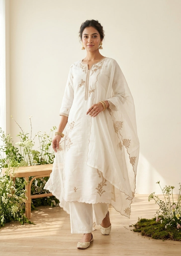 Off White Chanderi Gold Zardozi Straight Kurta With Pant Regular And Dupatta